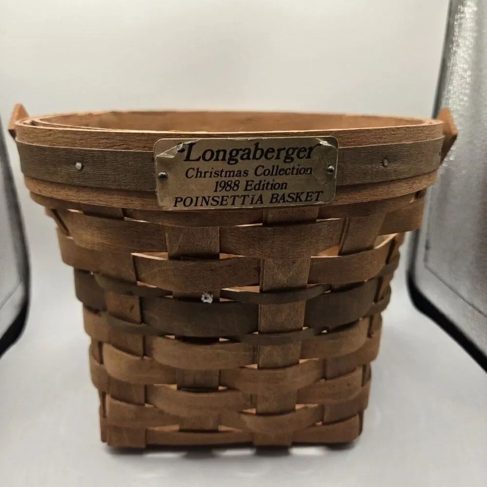 LONGABERGER 1988 Christmas Collection Poinsettia Basket w Handle Green Vintage